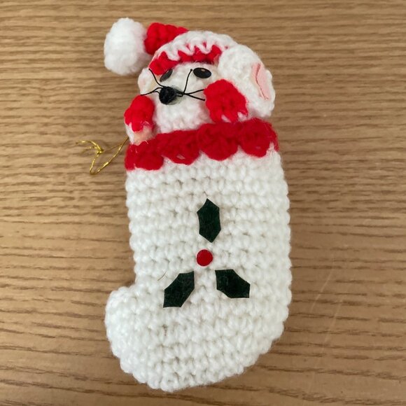 Vintage Crocheted Christmas Ornaments Snowman Mouse in Stocking Elf Pixie Set 4 - Picture 4 of 7